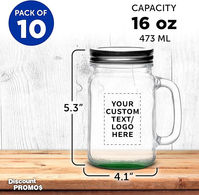 DISCOUNT PROMOS Custom Libbey Handle Mason Jars w/Lids 16 oz. Set of 10, Personalized Bulk Pack - Traditional style, High standard - Green