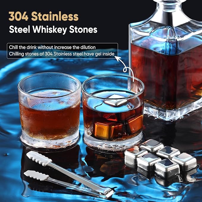 Whiskey Decanter Set with Wooden Box Artistic 25.4 oz Decanter + 2x10 oz Glasses | 304 Stainless Steel Whiskey Stones, Slate Coasters, Tongs & Pouch | Gift for Men, Husband, Dad, Weddings