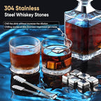 Whiskey Decanter Set with Wooden Box Artistic 25.4 oz Decanter + 2x10 oz Glasses | 304 Stainless Steel Whiskey Stones, Slate Coasters, Tongs & Pouch | Gift for Men, Husband, Dad, Weddings