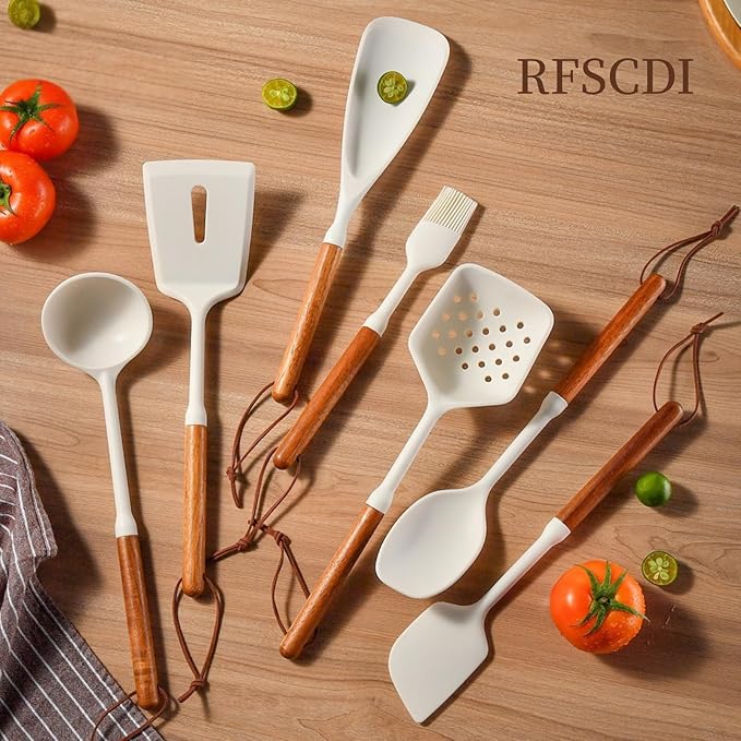 White Silicone Cooking Utensils Set, Kitchen Utensils Set 7 Pcs for cooking, Non-Toxic Spatula Set with Heat Resistant Wood Handles for Nonstick Cookware, (Cream White)