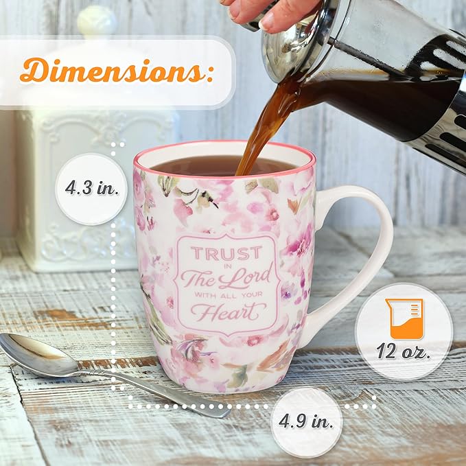 Christian Art Gifts Encouraging Ceramic Coffee & Tea Bible Verse Mug for Women: Trust in the Lord Inspirational Scripture Proverb, Microwave & Dishwasher Safe, White & Pink Watercolor Floral, 12 oz.