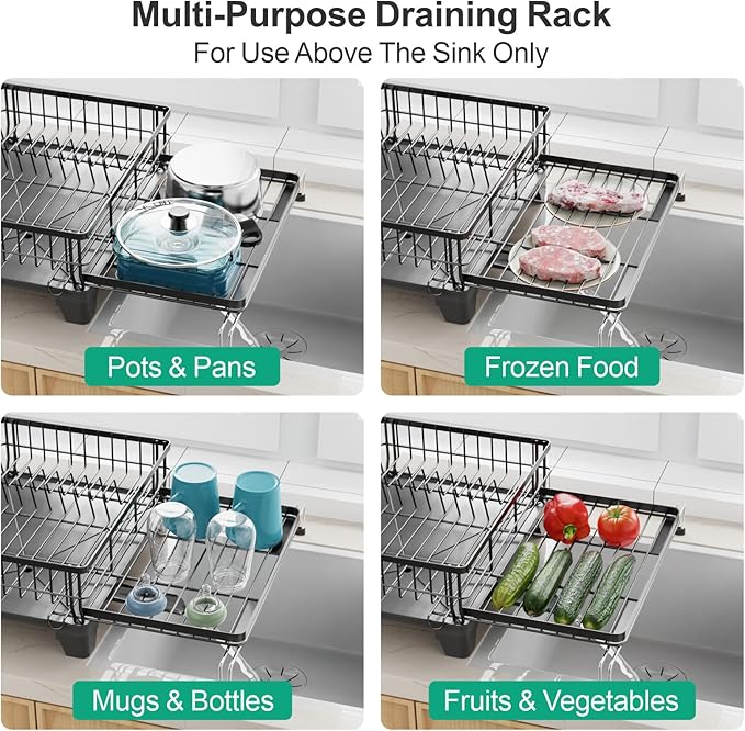 GSlife Extendable Dish Drying Rack - Large 2-in-1 Dish Racks for Kitchen Counter or Over Sink, Anti-Rust Dish Drainer with Drainboard, 2 Pan Slots and Utensil Holder, Black