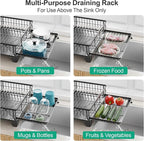 GSlife Extendable Dish Drying Rack - Large 2-in-1 Dish Racks for Kitchen Counter or Over Sink, Anti-Rust Dish Drainer with Drainboard, 2 Pan Slots and Utensil Holder, Black