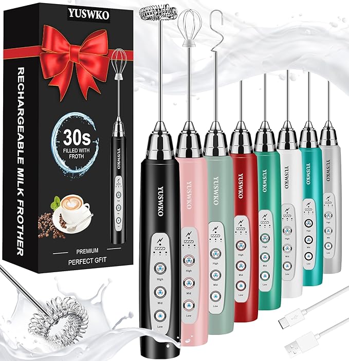 YUSWKO Milk Frother Handheld for Coffee, Rechargeable Drink Mixer with 3 Heads 3 Speeds Electric Coffee Frother Whisk, Gift for Many Occasions and Festival