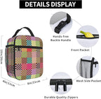 Multicolor Checkered Insulated Lunch Box – Reusable Colorful Checkerboard Lunch Bag for Adults & Kids, Portable Leakproof School Lunch Tote with Detachable Handle