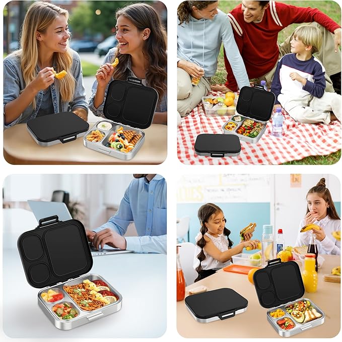 Stainless Steel Bento Lunch Box for Kids | 3-Compartment Lunch Box Container Kids | 100% Leakproof, Dishwasher-Safe, Eco-Friendly, Perfect Portion Control for Kids&Adult Healthy Meals (Black)