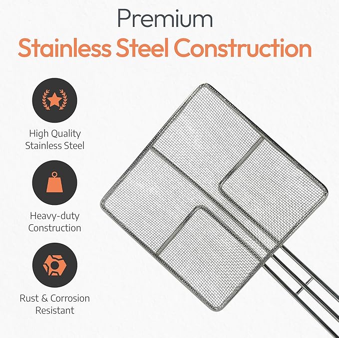 Wire Mesh Strainer with Long Handle | 4-Pack | 6.5" Square Frying Spoon | Stainless Steel | Cooking Oil Strainer for Deep Fryer & Professional Restaurant Use | Commercial Grease Skimmer