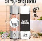 Salt and Pepper Grinder Set Manual 2 Pack | Large Round Salt and Pepper Shakers Set | 7.5 inch Stainless Steel Salt Grinder Refillable | Manual Pepper Grinder (Stainless Steel)