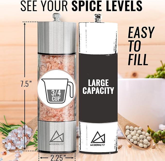 Salt and Pepper Grinder Set Manual 2 Pack | Large Round Salt and Pepper Shakers Set | 7.5 inch Stainless Steel Salt Grinder Refillable | Manual Pepper Grinder (Stainless Steel)