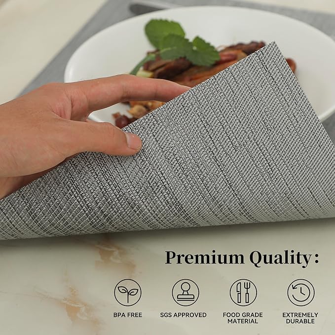 Leetaltree Grey Placemats, Heat Resistant Non-Slip Place mats for Dining Table, Washable Durable PVC Vinyl Woven Table Mats (Set of 8)
