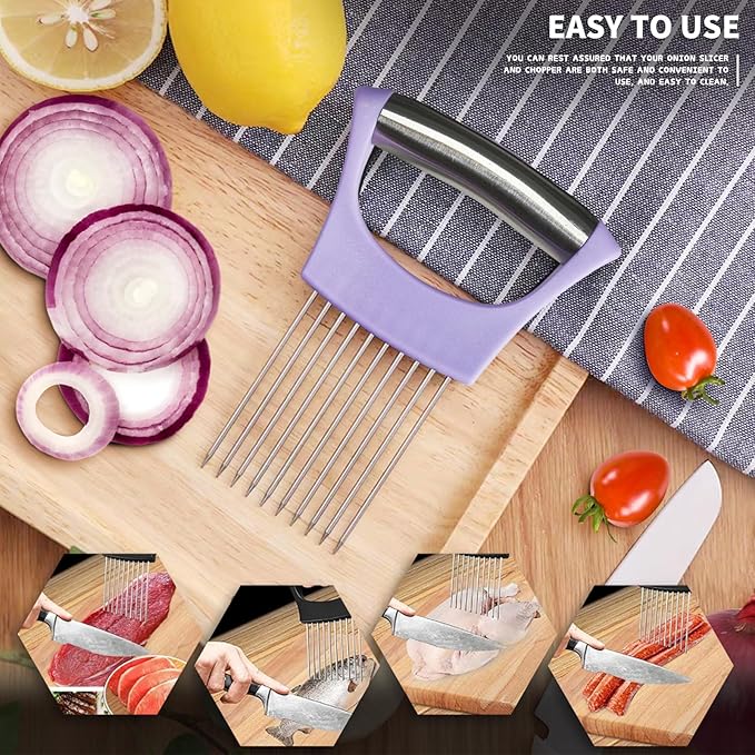 2PCs Stainless Steel Onion Slicer Holder, Onion Cutter Holder for Slicing of Onions,Tomatoes,Avocados,Eggs and Other Vegetables,KItchen Utensils (Purple & Black)