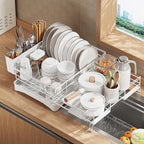 Large Dish Drying Rack - Expandable Dish drainers for Kitchen Counter,Over The Sink Dish Drainer Drying Rack,Rustproof Dish Drainer with Utensil Holder and Drainboard White