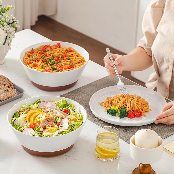 MALACASA Serving Bowls, 105oz Large Salad Bowls for Party, Entertaining, Big Ceramic Bowls for Soup, Fruit and Pho, 2-Pc Wide Bowl Set, White & Brown