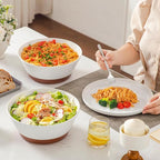 MALACASA Serving Bowls, 105oz Large Salad Bowls for Party, Entertaining, Big Ceramic Bowls for Soup, Fruit and Pho, 2-Pc Wide Bowl Set, White & Brown