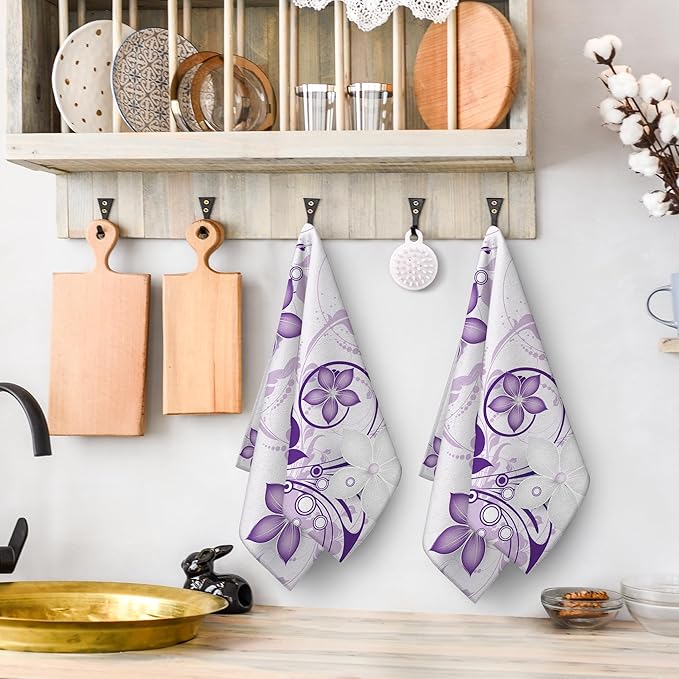 Purple Floral Kitchen Towels with Hanging Loop, Absorbent Dish Towels for Kitchen Cleaning, Cute Tea Towels for Kitchen Cooking Baking Farmhouse Home Decor 16x24 Inch Set of 2