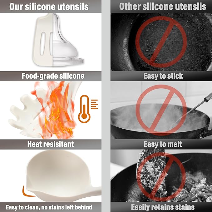 QMVESS Silicone Cooking Utensils Set, Kitchen Utensils Set 7 Pcs with Long Wooden Handle, Food Grade and Heat Resistant Large Silicone Spatula Set for Nonstick Cookware, BPA Free（White）