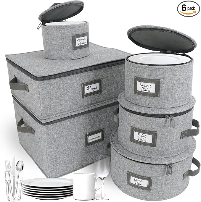 HOMELUX THEORY Hard Shell China Storage Containers, 6pc LightGray Mug & Plate Storage Box, Kitchen Storage Bins W/Lids, Heavy Duty Moving Box with Handles for Dishes, Glassware, Stemware, Cup & Mug