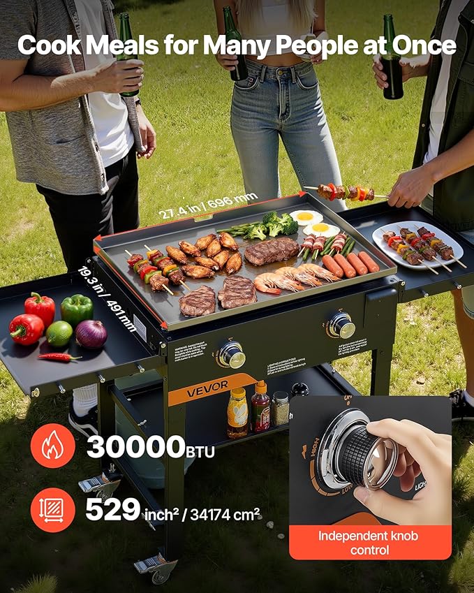 VEVOR Gas Griddle, 2-Burner Flat Top Grill, 28 inch Grill Plate Foldable Propane Griddle with Wheels, 30000 BTU Outdoor Flat Top Grills for Pan-Frying, Grilling, Stir-Frying, & BBQ, Pulse Ignition
