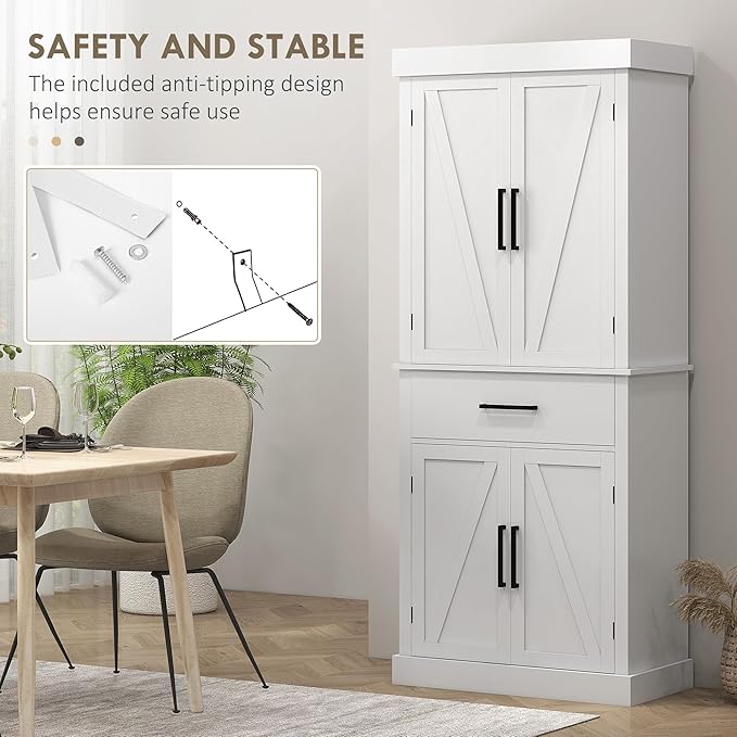 HOMCOM 72" Tall Kitchen Pantry Cabinet with Adjustable Shelves, Farmhouse Storage Cabinet with Barn Doors, Drawer and 5-Tier Shelf, Freestanding Cupboard, White