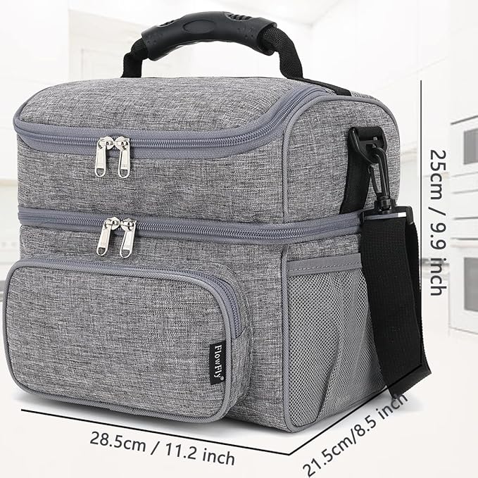 FlowFly Double Layer Cooler Insulated Lunch Bag Adult Lunch Box Large Tote Bag for Men, Women, With Adjustable Strap,Front Pocket and Dual Large Mesh Side Pockets