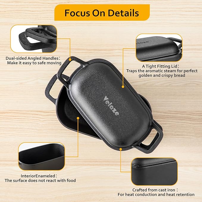 Velaze 3.6QT Dutch Oven for Bread Baking,Oval Cast Iron Bread Oven Pan with Lid and Offset Handles,Oven Safe to 500°F for Homemade Sourdough Bread(Black)