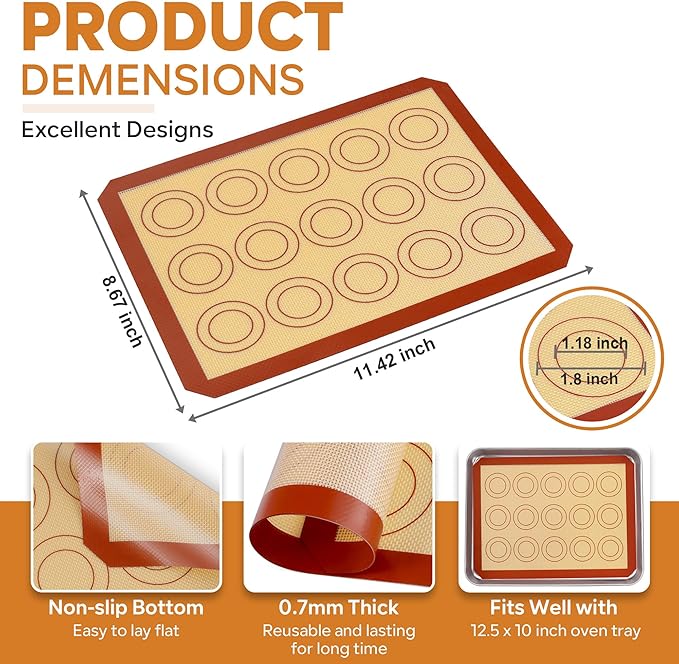 P&P CHEF 11.6 Inch Silicone Baking Mats, 2 Pcs Reusable Silicone Oven Mat, Non Stick Baking Supplies for Macaroon Pastry Bread Dough Cookie, Fits Well with Sheet Pan, Healthy & Easy Clean