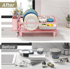 Dish Drying Rack - Small Dish Rack for Kitchen Counter, Stainless Steel Dish Drainer with Utensil Holder and Drainboard (Pink)