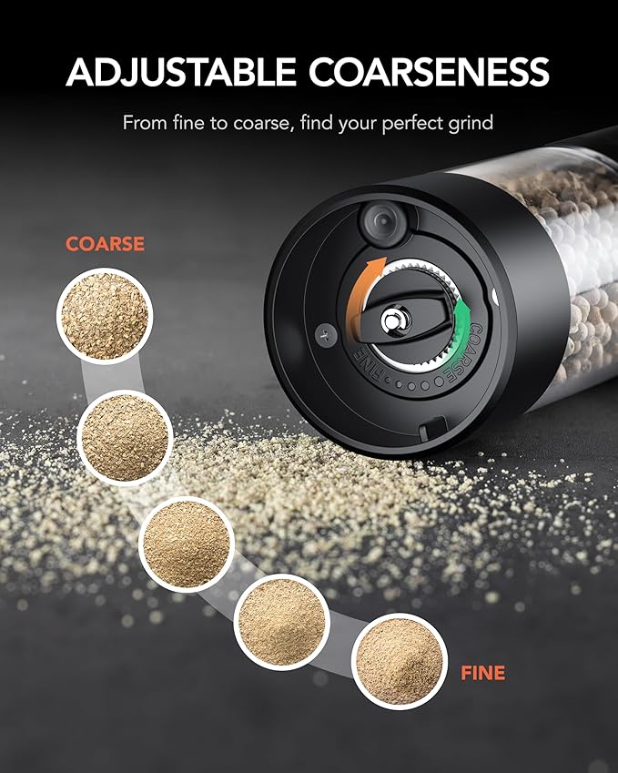 FORLIM Electric Salt and Pepper Grinder Set, USB Rechargeable, Automatic Salt Pepper Mill Grinder with Dust Cover, One-Button Control, Adjustable Coarseness, White LED Light (2 Packs, Black)