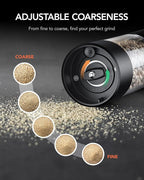 FORLIM Electric Salt and Pepper Grinder Set, USB Rechargeable, Automatic Salt Pepper Mill Grinder with Dust Cover, One-Button Control, Adjustable Coarseness, White LED Light (2 Packs, Black)