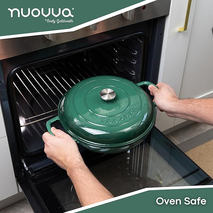 Shallow Cast Iron Casserole with Lid – Non Stick Dutch Oven Pot, Oven Safe up to 500° F – Sturdy Ovenproof Stockpot Cookware – Enamelled Cooking Pot – Dark Green, 3.7-Quart, 30cm – by Nuovva