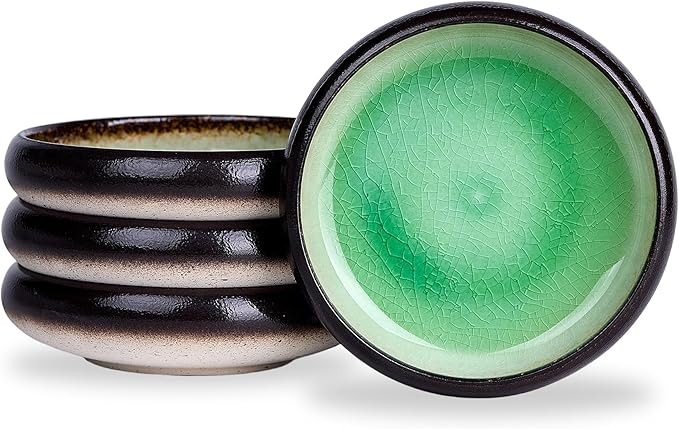 Ceramic Dinner Plates Set of 4, 6 Inch Large Porcelain Pasta and Salad Plates, Stoneware Plate Set for 4, Handmade Round Dishes for Home Decor, Microwave,Oven,and Dishwasher Safe, Green