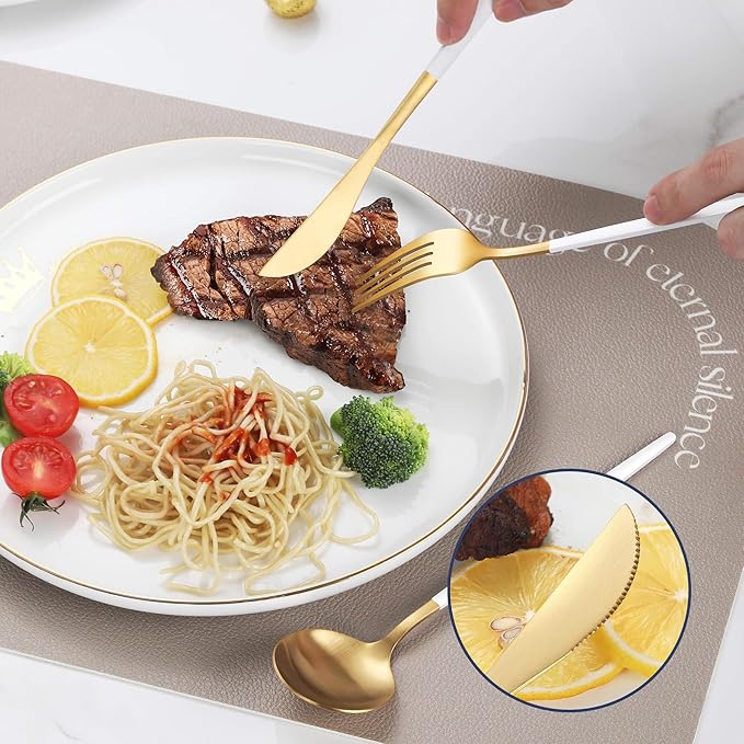 Matte White Gold Silverware Set,30 Piece Stainless Steel Modern Flatware Set,Brushed Cutlery Set Service for 6,Satin Finish Utensils Set,Home Kitchen and Restaurant,Dishwasher Safe