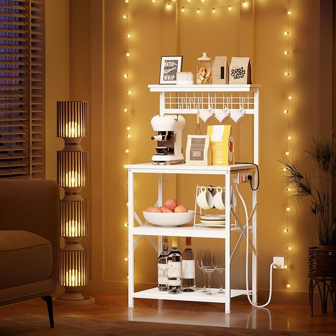 Furologee Kitchen Bakers Rack with Power Outlet, Microwave Oven Stand with Storage 4 Tiers, Coffee Bar Table with 6 S Hooks, Kitchen Storage Shelf Rack for Spices, Pots, White