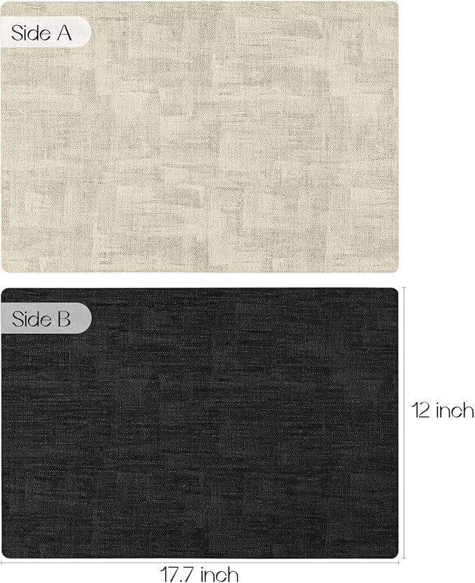 Romanstile Reversible Vinyl Placemats Set of 6, Faux Leather 100% Waterproof Oil-Proof Wipeable Place Mats, Heat Resistant Dual Sided Table Mats for Kitchen/Dining/Party (Black Beige, 12 x 17 Inch)