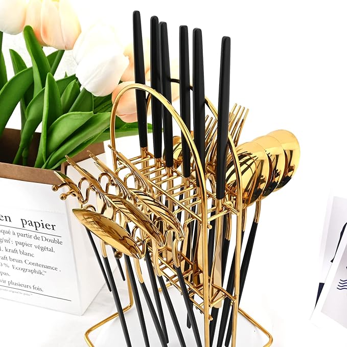 Black Gold 24Pcs Flatware Set With Stand, Lightweight Dinnerware Set Stainless Steel Cutlery With Black handles For Home Kitchen Wedding Party And Daily Use,Service For 6, Mirror Polish
