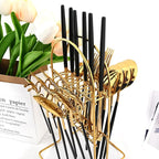 Black Gold 24Pcs Flatware Set With Stand, Lightweight Dinnerware Set Stainless Steel Cutlery With Black handles For Home Kitchen Wedding Party And Daily Use,Service For 6, Mirror Polish