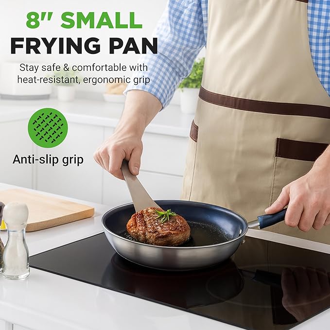 NutriChef 8" Small Fry Pan - Small Skillet Nonstick Frying Pan with Silicone Handle, Ceramic Coating, Blue Silicone Handle, Stain-Resistant, And Easy To Clean, Professional Home Cookware