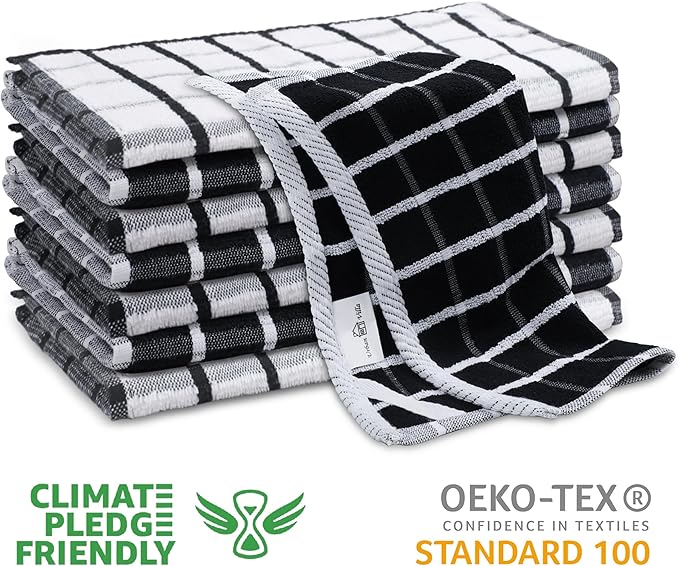 Urban Villa Dish Cloths Terry Cotton Pack of 6, Highly Absorbent Quick Drying Super Soft Premium Dish Towels for Kitchen with Hanging Loop Hand & Tea Towels - 12x12 Inch, (Black & White, Checks)