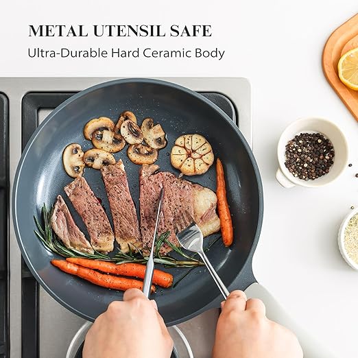 PRICUSIS Nonstick Ceramic Frying Pan, 8/10/12 Inch Non Toxic Skillet, Egg & Omelet & Chef's Pan, Induction Compatible & Oven Safe, Dishwasher Safe,PTFE PFAS & PFOA Free (12 Inch, Gray)