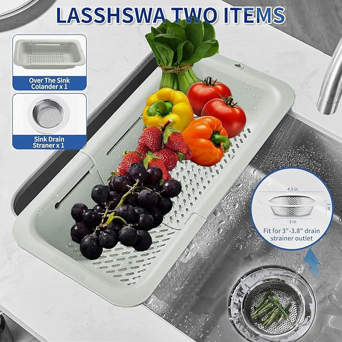 LASSHSWA Collapsible Colander and Strainer for Kitchen, Over the Sink Strainer Basket for Kitchen, Fruit Pasta Food Strainer Expandable Plastic Colander with A Sink Drain Strainer Stainless Steel
