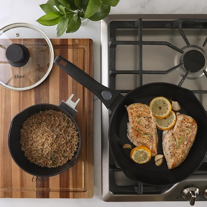 Oster SmartHandle 2-Qt Nonstick Saucepan & 10-Inch Fry Pan with Removable Handle Cookware Set – Oven & Dishwasher Safe, Space-Saving Cookware