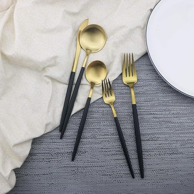 JASHII Luxury Black Gold Flatware, Silverware Sets, 5-piece Elegant Cute 18/10 Stainless Steel Silverware Set for Eating Home Kitchen Hotel Restaurant, Service Sets for 1 People, Dishwasher Safe