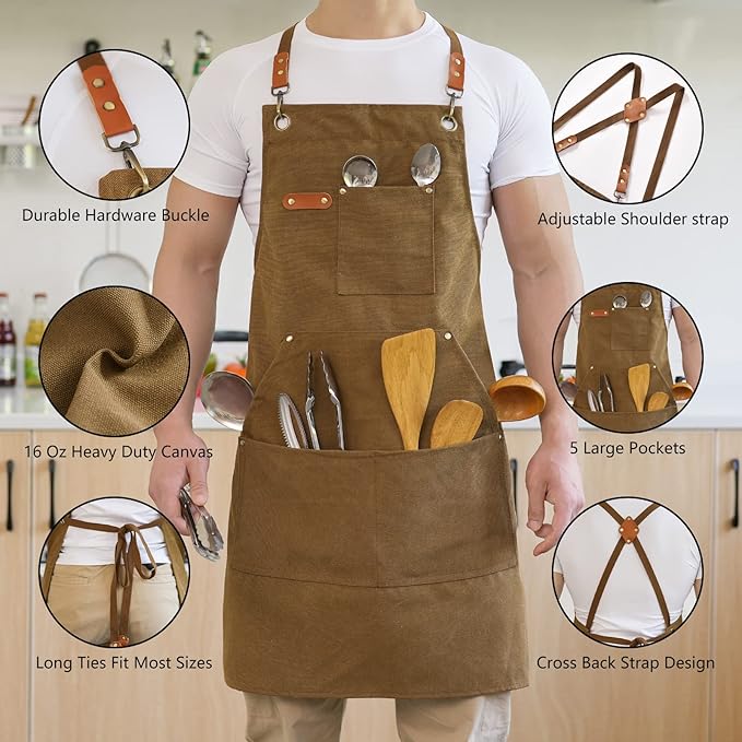 Canvas Aprons for Men Chef Apron, Work Apron with Large Pockets - 16oz Heavy Duty Cross Back, BBQ, Cooking