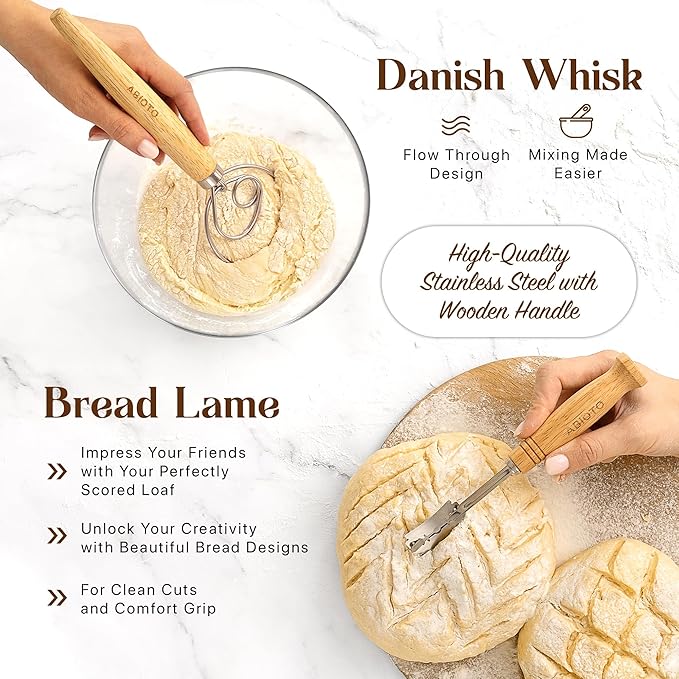 Sourdough Kit with Professional Bread Making Tools - A Complete Sourdough Bread Making Kit Including10" Round & 11" Oval Handcrafted Bannetons, Bread Lame, Danish Whisk, Bowl & Dough Scrapers