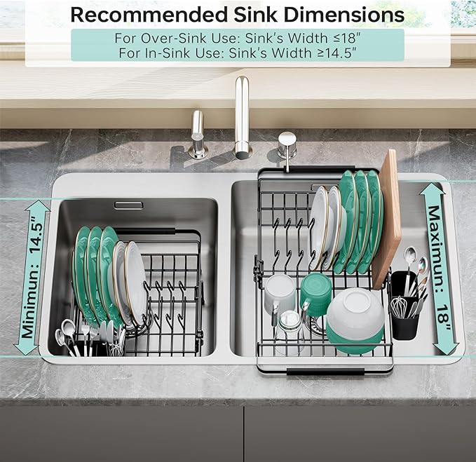 Expandable Dish Drying Rack Over The Sink, Adjustable Dish Rack in Sink, Dish Drainer for Kitchen Counter, Dish Strainer with Utensil Holder, Dish Rack Fit for 14"-19" Kitchen Sink, Matte Black