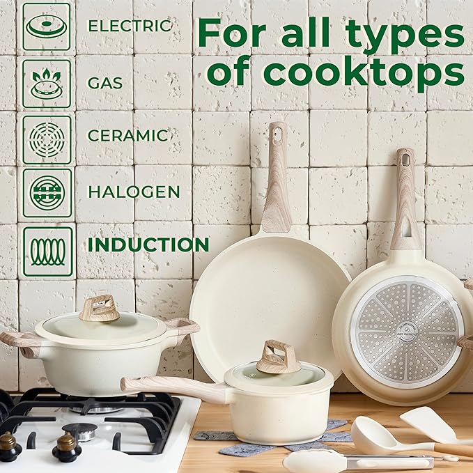JUST PERFECTO Induction Pots Set - Pan Set with Lid - Induction Pots Set - Pots & Pans Set without PTFE and PFOA - Cookware Pot Set Induction 14Pcs (light beige)
