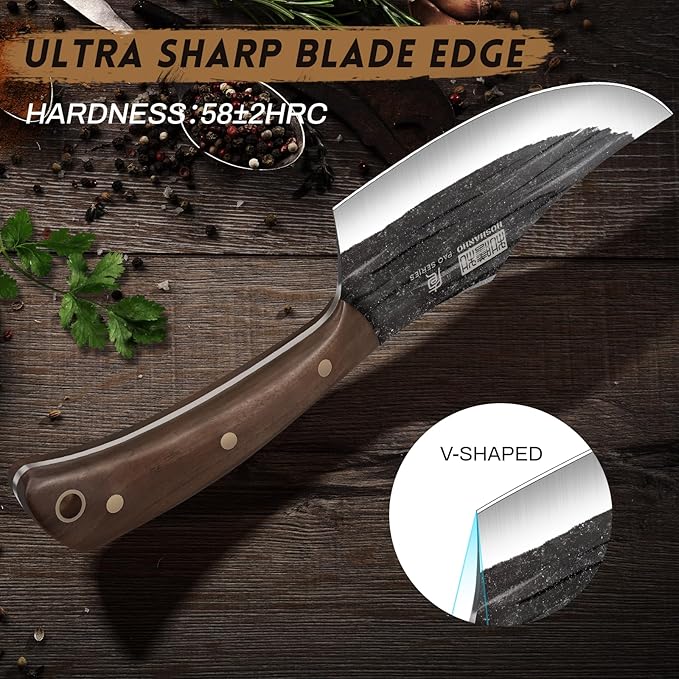 HOSHANHO Butcher Knife Set, Hand Forged Butcher Chef Knife Set with Roll Bag, Sharp Meat Cleaver Knife & Bone Chopper Knives & Fillet Knives for Home & Camping & BBQ Gift for Men