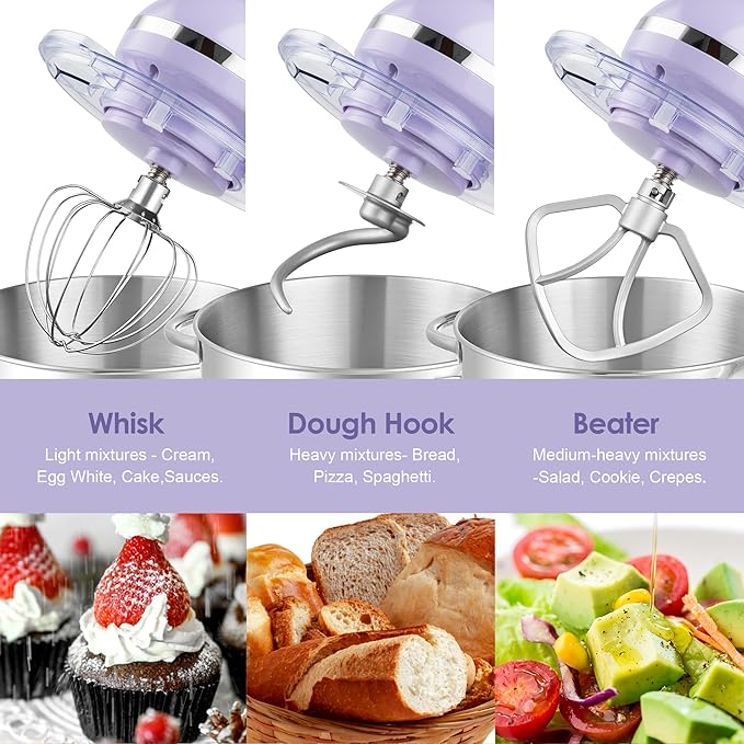 Aucma Stand Mixer,6.5-QT 660W 6-Speed Tilt-Head Food Mixer, Kitchen Electric Mixer with Dough Hook, Wire Whip & Beater (6.5QT, Lavender)