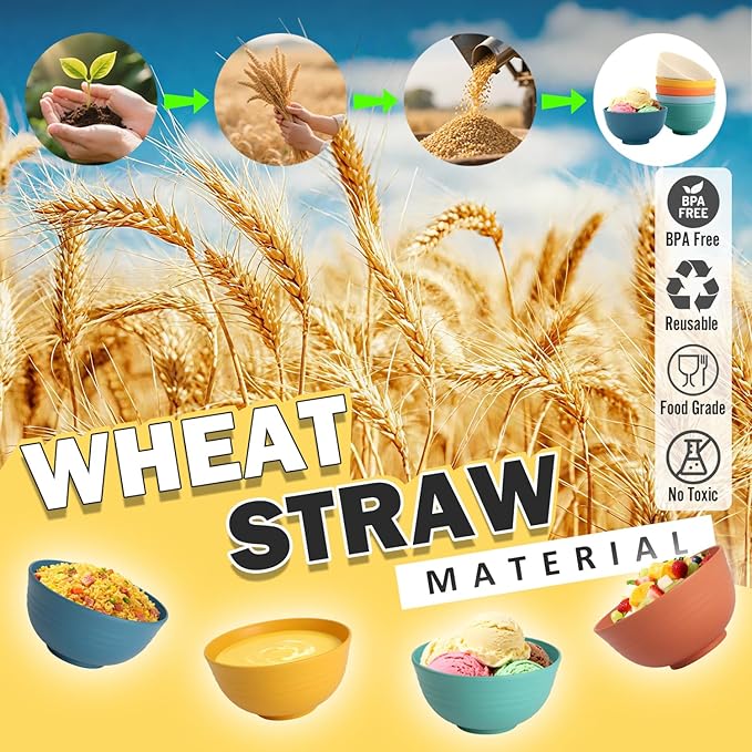 Wheat Straw Bowls, Unbreakable Small Bowls Set of 6, 10 OZ Mini Dessert Bowls for Ice Cream, Snack, Yogurt and Fruits, Microwave & Dishwasher Safe Small Bowl, Multi