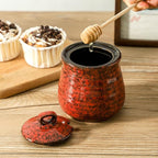 Hasense 12-Ounce Honey Jar with Lid and Wooden Dipper, Ceramic Honey-Dipper Stick and Jar Set, Red Small Honey-Container for Holiday Gift, Dishwasher Safe